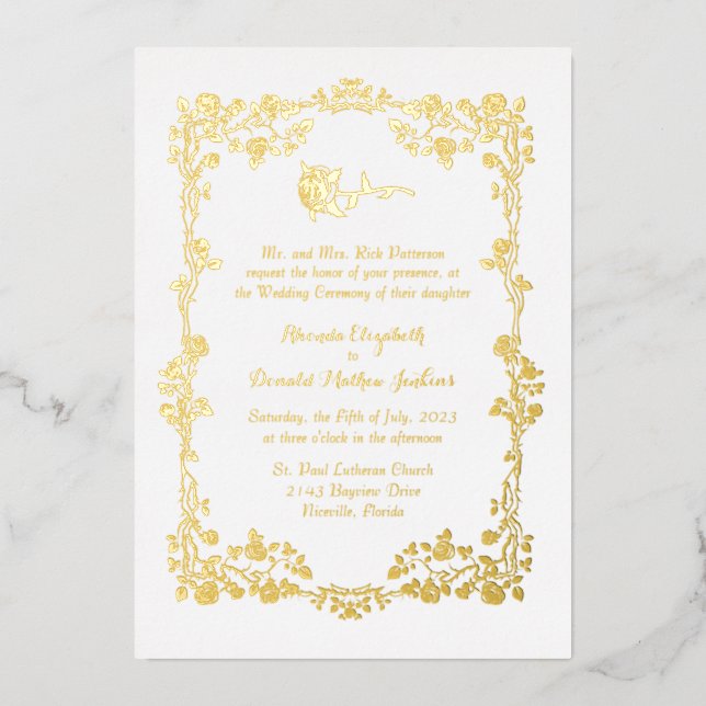 White Ornate Rose Border  Foil Invitation (Front)
