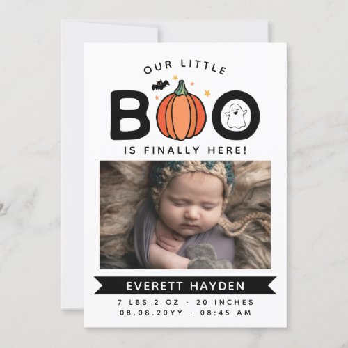 White Our Little Boo Finally Here Halloween Baby Announcement
