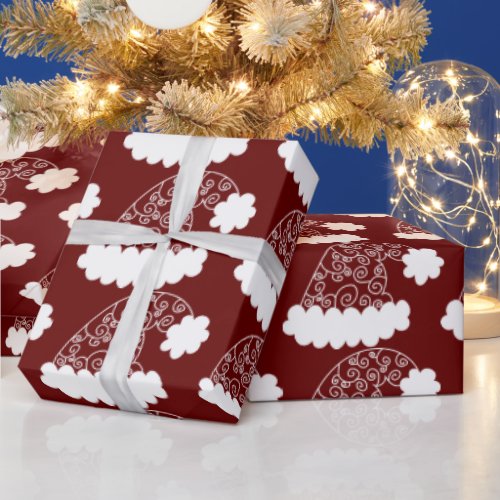 White Outline Christmas Hat On Burgundy Wrapping Paper