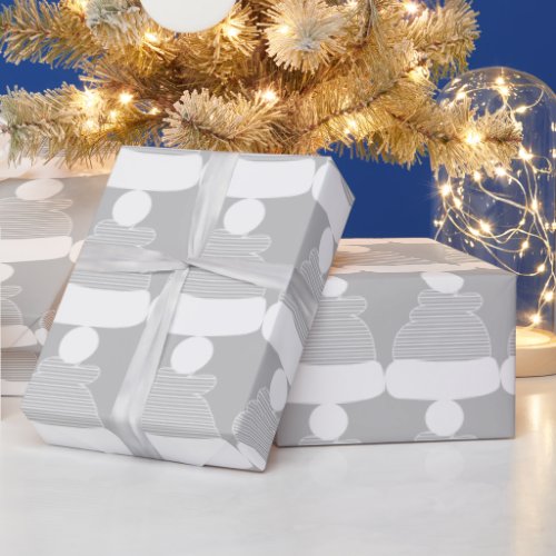 White Outline Christmas Hat On Silver Wrapping Paper