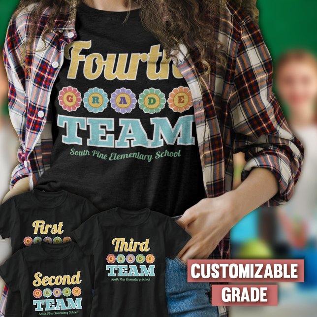 White Outline Retro Flowers 4th Grade Team School T-Shirt (Creator Uploaded)