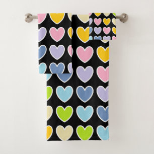 White Outlined Pastel Rainbow Hearts Bath Towel Set
