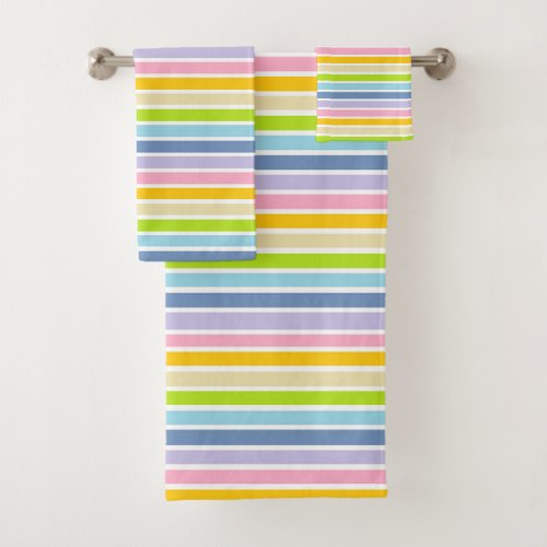 White Outlined Pastel Rainbow Stripes Bath Towel Set