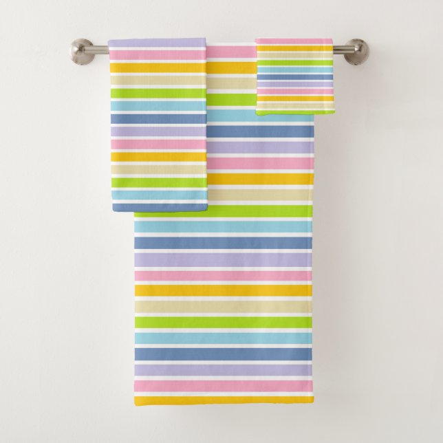 White Outlined Pastel Rainbow Stripes Bath Towel Set (Insitu)