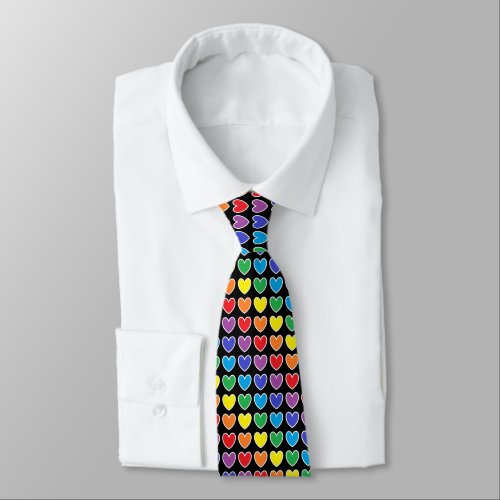 White Outlined Rainbow Hearts Neck Tie