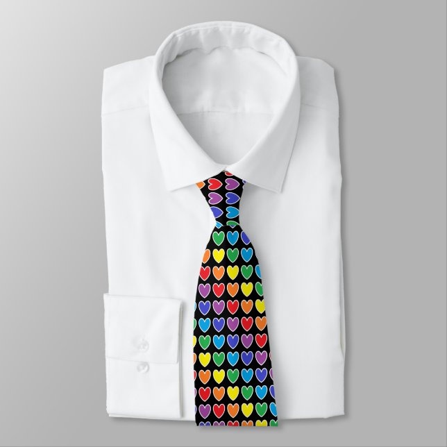 White Outlined Rainbow Hearts Neck Tie (Tied)
