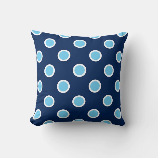 White Outlined Sky Blue Polka Dots on Navy Pillow (Front)