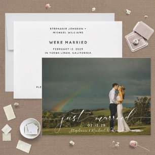 White Overlay Calligraphy Just Married Photo Invitation