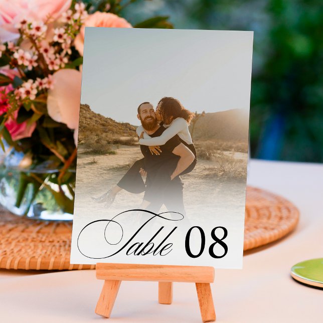White overlay chic calligraphy photo wedding table number (White overlay chic calligraphy photo wedding table number)