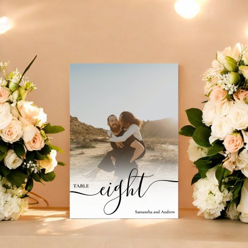 White overlay chic script names photos wedding table number