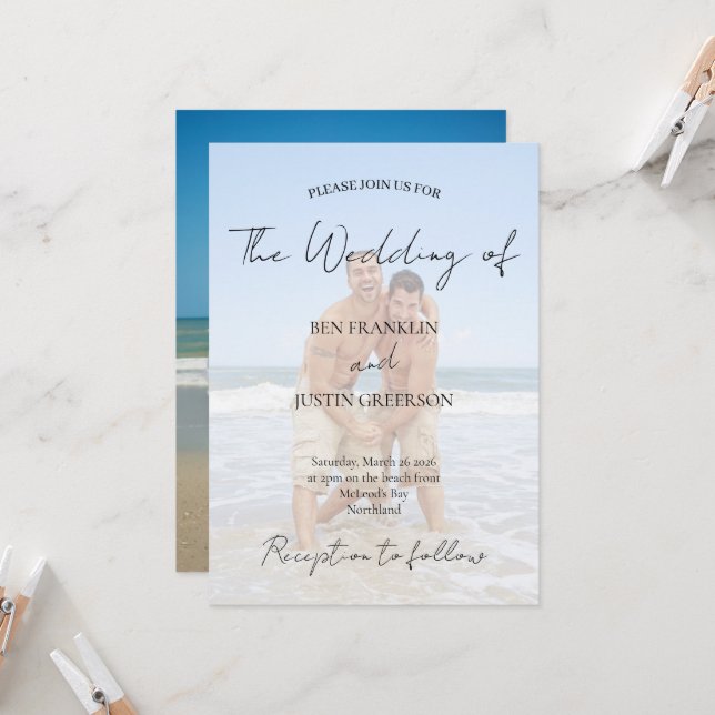 White Overlay Photo Minimal Wedding Invitation (Front/Back In Situ)