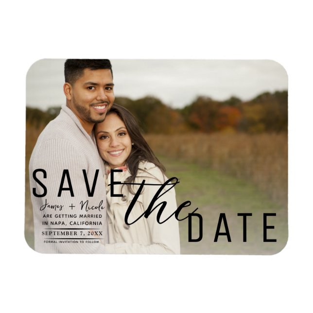  White Overlay Photo Save the Date Wedding Magnet (Horizontal)