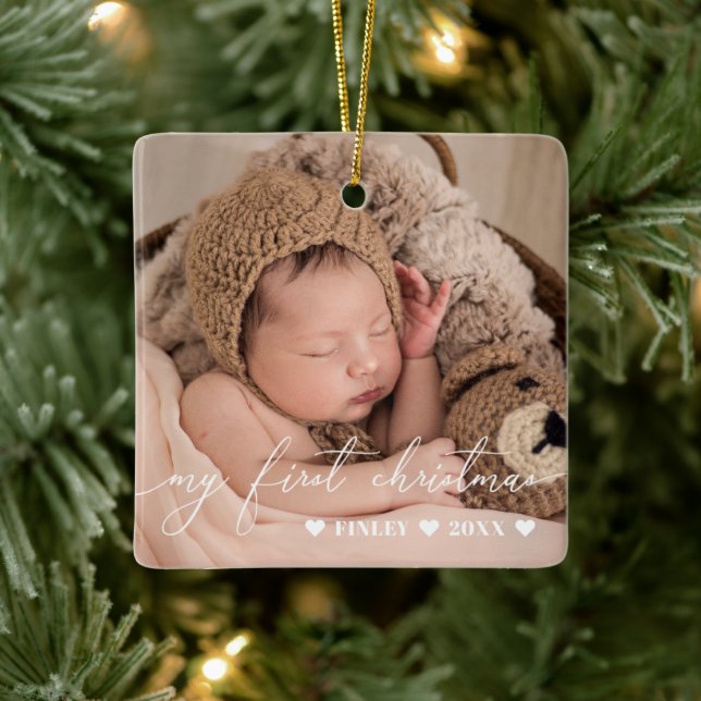White Overlay Script Baby's First Christmas Photo Ceramic Ornament (Tree)