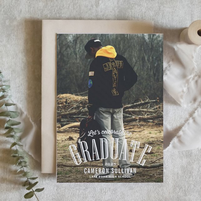 White Overlay Typography Vertical Photo Graduation Invitation (Customizable class of 2025 photo graduation invitation featuring vintage lettering. )