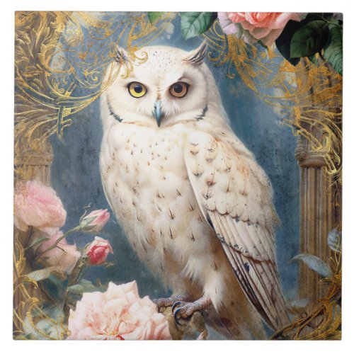 White Owl and Pink Roses Ceramic Tile