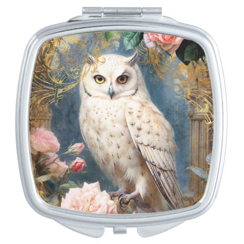 White Owl and Pink Roses Compact Mirror