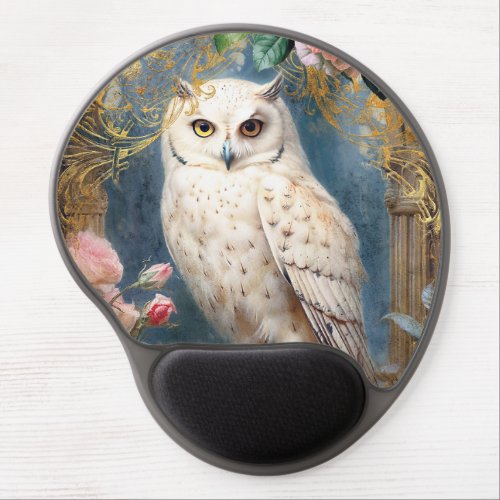 White Owl and Pink Roses Gel Mouse Pad
