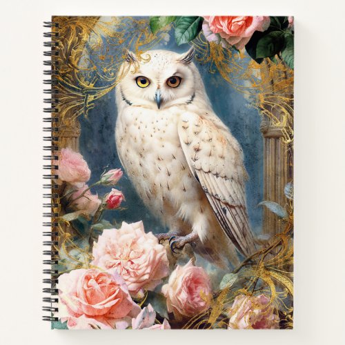 White Owl and Pink Roses Notebook