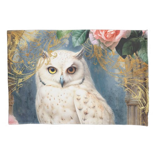 White Owl and Pink Roses Pillow Case