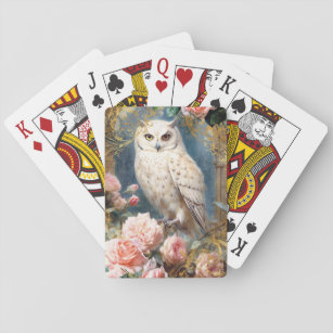 White Owl and Pink Roses Playing Cards