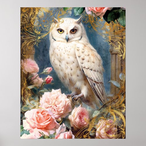 White Owl and Pink Roses Poster