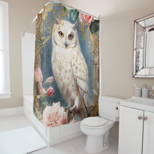 White Owl and Pink Roses Shower Curtain