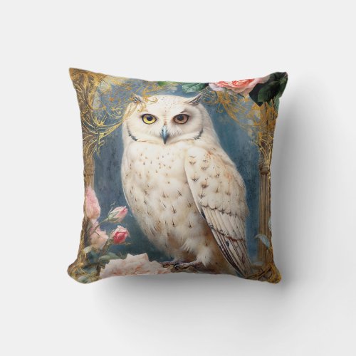 White Owl and Pink Roses Throw Pillow