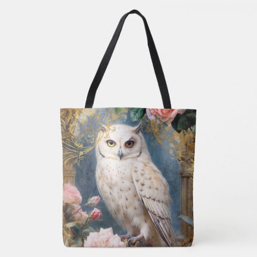 White Owl and Pink Roses Tote Bag
