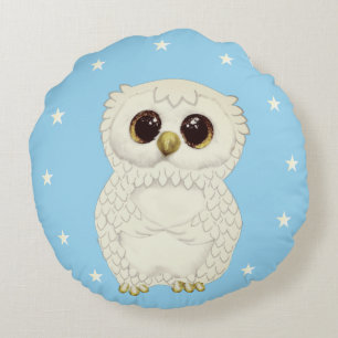 White Owl and Stars on Light Blue Round Pillow