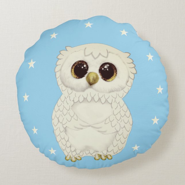 White Owl and Stars on Light Blue Round Pillow (Back)