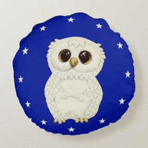 White Owl and Stars on Royal Blue Round Pillow