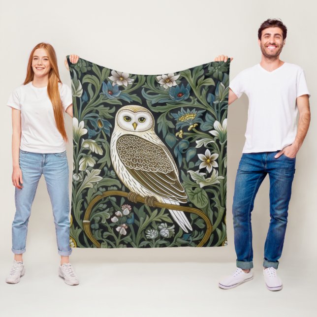 White owl art nouveau style fleece blanket (In Situ)
