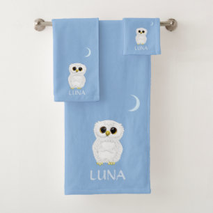 White Owl & Crescent Moon on Sky Blue  Bath Towel Set