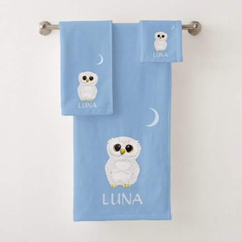 White Owl  Crescent Moon on Sky Blue  Bath Towel Set