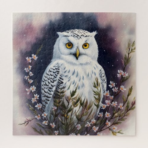 White Owl Floral Night Portrait Jigsaw Puzzle