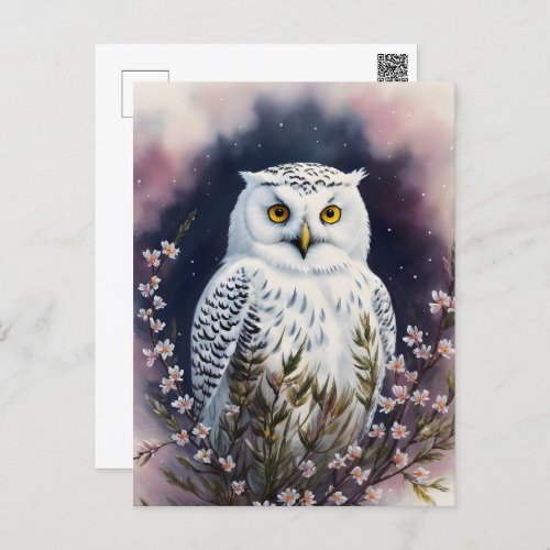 White Owl Floral Night Portrait Postcard