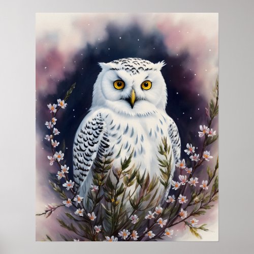 White Owl Floral Night Portrait Poster