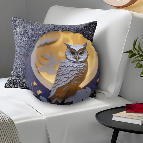White Owl Full Moon Night Sky Blue Moonlight Bird Round Pillow