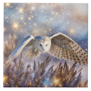 White Owl Mystical Magical Fantasy in Flight Ceramic Tile
