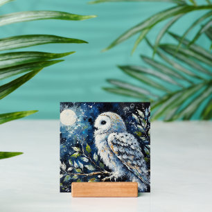 White Owl On Branch in Moonlight Blue Green Holder