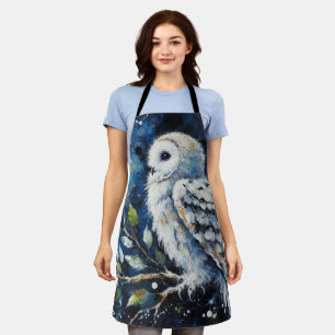 White Owl On Branch in Moonlight Painting Apron