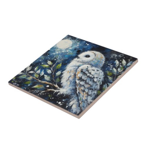White Owl On Branch in Moonlight Painting Ceramic Tile