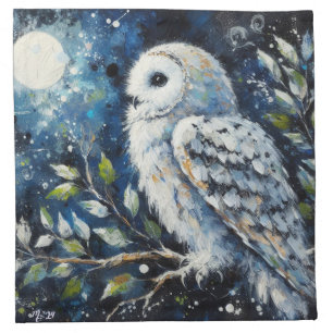 White Owl On Branch in Moonlight Painting Cloth Napkin