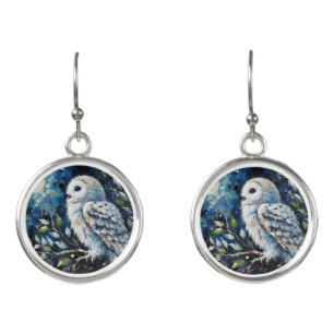 White Owl On Branch in Moonlight Painting Earrings