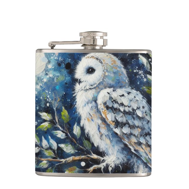 White Owl On Branch in Moonlight Painting Flask (Front)