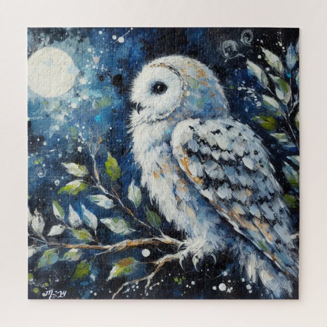 White Owl On Branch in Moonlight Painting Jigsaw Puzzle (Vertical)
