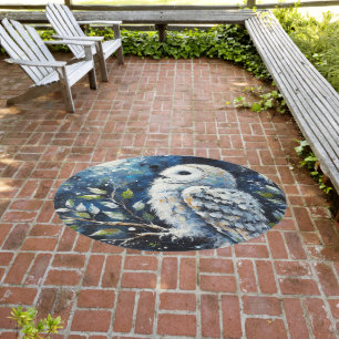 White Owl On Branch in Moonlight Painting Outdoor Rug