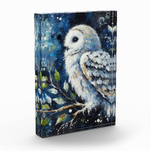 White Owl On Branch in Moonlight Painting Photo Block