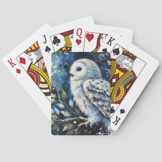 White Owl On Branch in Moonlight Painting  Poker Cards (Back)
