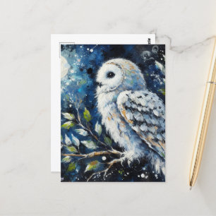 White Owl On Branch in Moonlight Painting Postcard